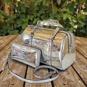 Michael Kors Metallic Silver duffle Travel Bag Set